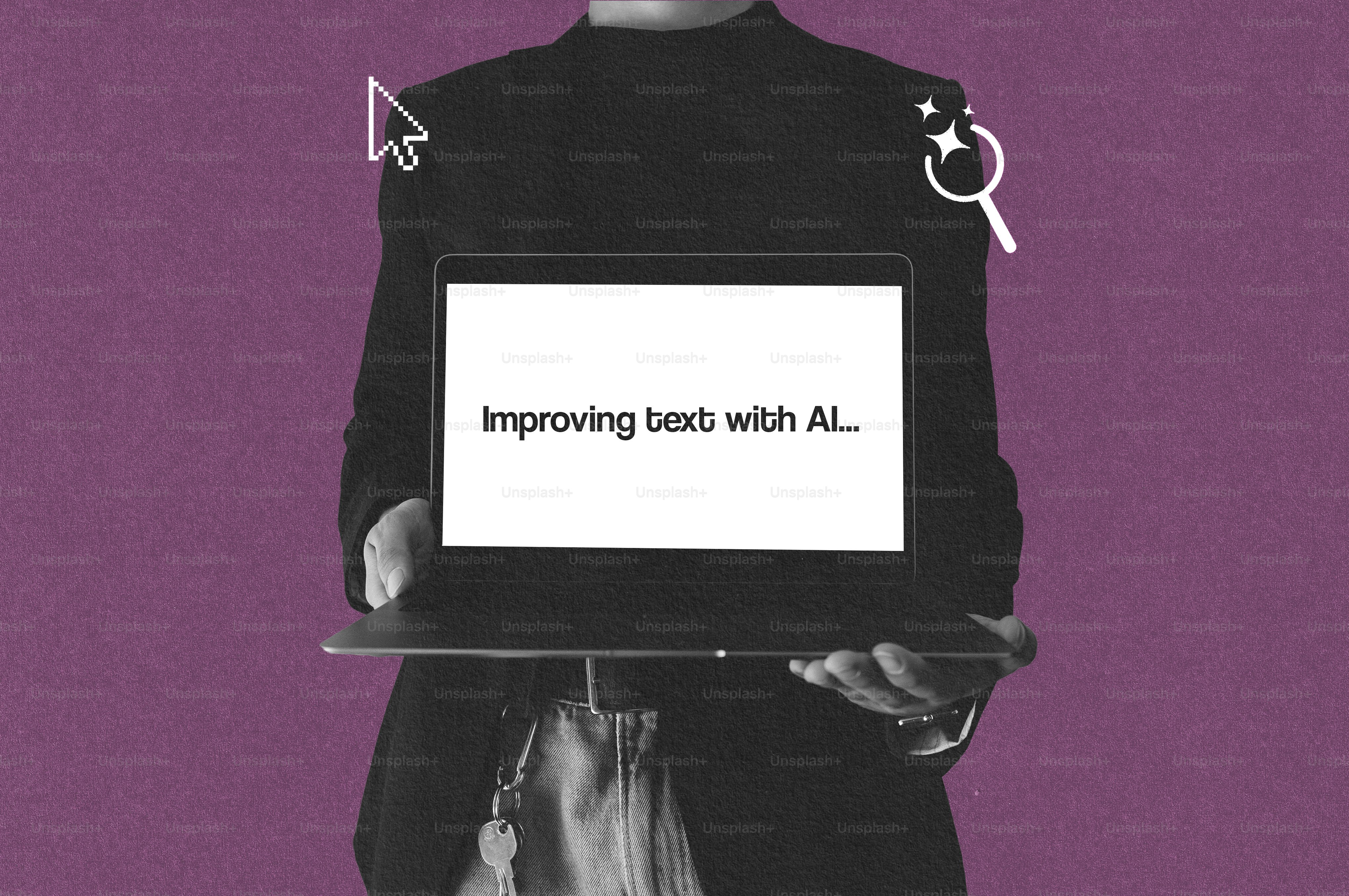 Person holding laptop with text \